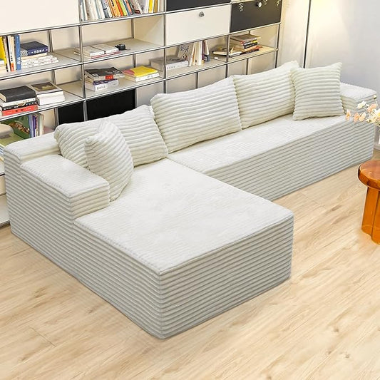 White sectional couches for Living Room Corduroy Couch，104" Cloud Sectional Couch with L-Shape Chaise， Modern Modular Sofa, Deep Seat Comfort, No Assembly Required(Plush Corduroy Fabric)