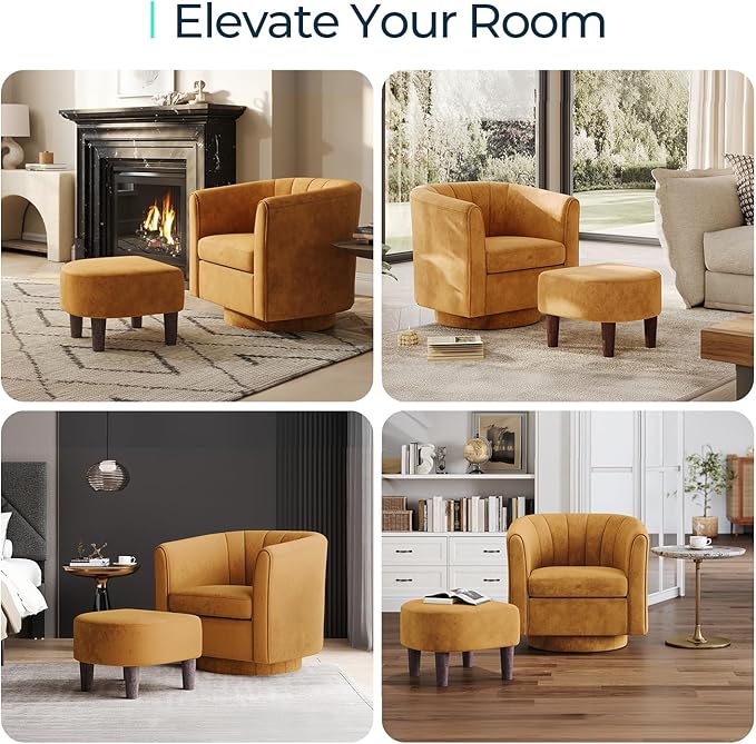 LINSY Swivel Accent Chair Ottoman Set: Velvet Larege Barrel Chair with Foot Rest, Modern Reading Chair Upholstered Armchair with Footrest for Living Room Bedroom Study Room Office (Yellow)