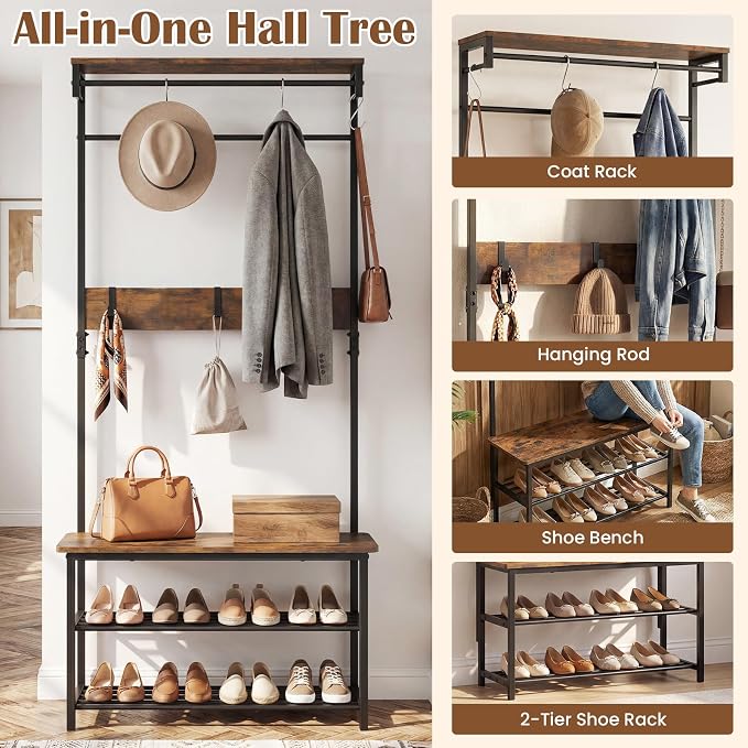Tangkula Hall Tree with Bench and Shoe Storage, 4-in-1 Industrial Coat Rack with 6 Removable Hooks, Hanging Rod & Top Shelf, Metal Freestanding Coat and Shoe Rack for Entryway, Hallway, Bedroom - Image 4