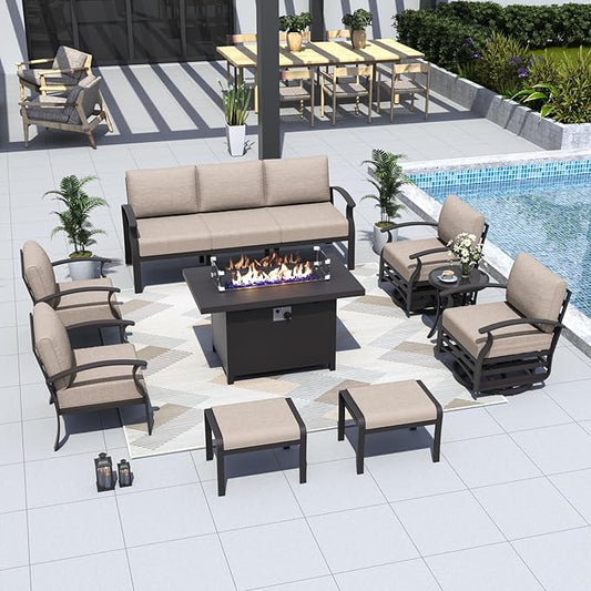 ALAULM Aluminum Patio Furniture Set with Propane Fire Pit Table 9-seat Metal Outdoor Furniture w/Swivel Chairs Patio Sectional Sofas w/2 Ottomans for Porch, Backyard, Poolside-Sand