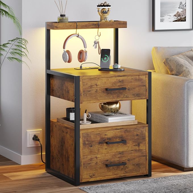 VIAGDO Led Nightstand with Charging Station, 3 Drawers Night Stands with Led Lights, Rustic Brown Bedside Tables with Storage Shelves, Modern End Side Tables for Bedroom, Office - Image 6