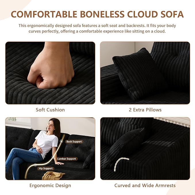 Ball & Cast 106" Cloud Modular Sectional Sofa, Boneless Corduroy Couch with Deep Seat, Comfy L-Shaped Sectional, Modern Upholstered Sofa for Living Room, No Assembly (Black, Right Facing Chaise)
