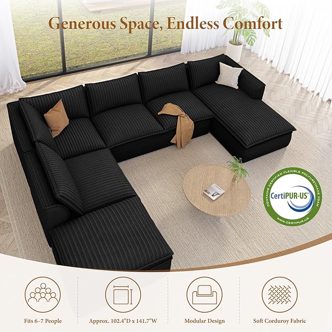 Vesgantti 141.7" Oversized Sectional Boneless Couch, Modern 7 Seater Modular Sofa with Chaise & Ottoman, Deep Seat Plush Corduroy Cloud Couches for Living Room, No Assembly Required, Black