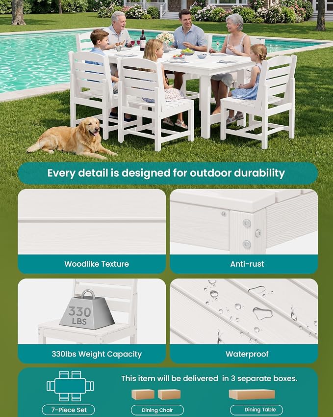 SERWALL Patio Dining Sets for 6 Person, HDPE Dining Set with 6 Armless Chairs, White - Image 6