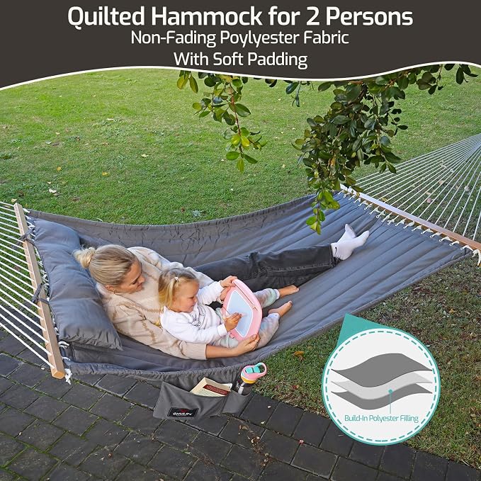 Double Quilted Fabric Hammock with Hardwood Spreader Bars and Pillow 450 LBS Capacity 2 Person Large Hammock for Outdoor Patio Backyard Poolside - Dark Blue - Image 3
