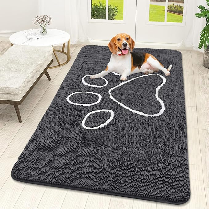 OLANLY Dog Door Mat for Muddy Paws 59x32, Paw Print Design, Absorbs Moisture and Dirt, Absorbent Non-Slip Washable Doormat, Quick Dry Chenille Mud Mat for Dogs, Entry Indoor Entryway Carpet, Dark Grey by OLANLY