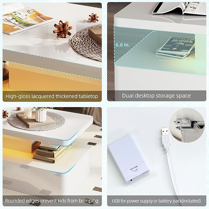 Spurgehom Contemporary Coffee Tables for Living Room, LED Coffee Table with Rounded Corner in 16 Colors, High Gloss 2 Tiers Table with Hidden Power Supply