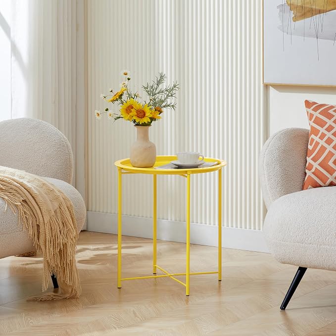 VECELO Side/End Table, Folding Round Metal Anti-Rust and Waterproof Outdoor or Indoor Tray for Living Room Bedroom Balcony and Office, 2 PCS, Yellow - Image 5