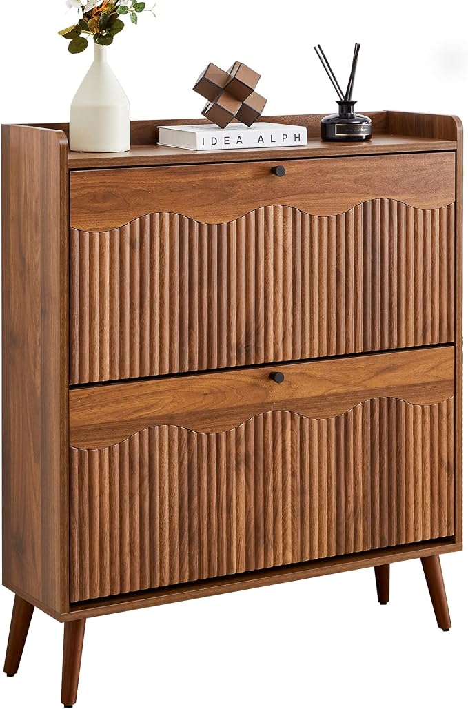 BERRYMERRY 31.5" Fluted Shoe Storage Cabinet with 2 Flip Drawers, Narrow Shoe Storage Organizer Rack with Wave Door for Entryway, Hallway, Living Room by BERRYMERRYFURNITURE