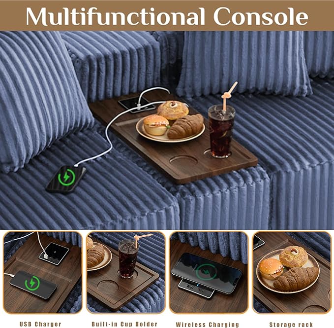 Oversized Cloud Modular Sectional Sofa Boneless Couch with Movable Ottomans,Free Combination Memory Foam Floor Couch with Charging Port & Cup Holders for Living Room | Coffee Table Board, Wireless Charge, No Assembly