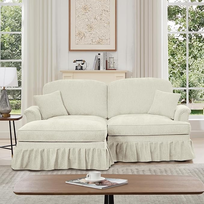 KEIKI Mid Century Modular Sofa with Flared Arms and Skirted Design, 76" Loveseat with Ottoman Chenille L-Shaped Sectional Couches for Living Room, Small Home Comfy Chaise Lounge Indoor, Beige White