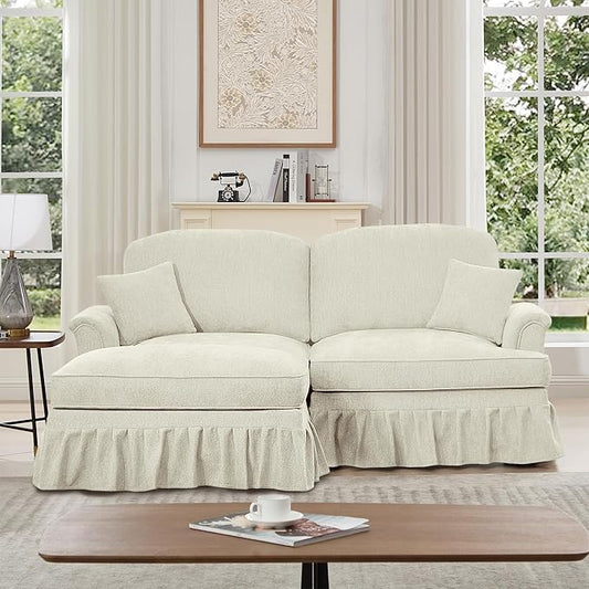 KEIKI Mid Century Modular Sofa with Flared Arms and Skirted Design, 76" Loveseat with Ottoman Chenille L-Shaped Sectional Couches for Living Room, Small Home Comfy Chaise Lounge Indoor, Beige White