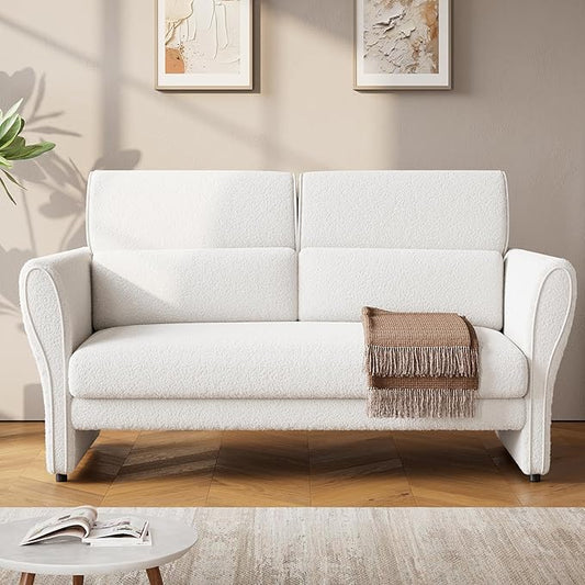 IDEALHOUSE Couches for Living Room, 57" Loveseat Sofa, Modern Boucle Small Couch with High Backrest and Removable Lumbar Pillows, Easy Assembly, Upholstered Comfy Sofa for Bedroom Office, Ivory