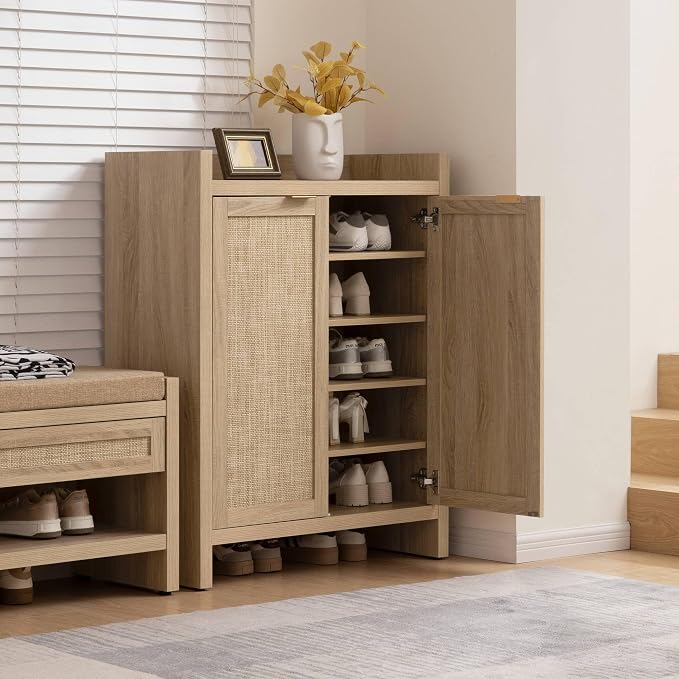SICOTAS Shoe Cabinet Set of 2, Large Capacity Shoe Storage Organizer Cabinet, Tall Rattan Shoe Cabinet with Doors and Shelves, 6-Tier Farmhouse Boho Wooden Storage Cabinet for Entryway, Light Oak - Image 9