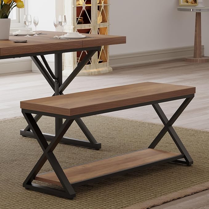 IBF Wood Bench Indoor, Industrial entryway Bench with Shoe Storage for Living Dining Room, Farmhouse Wooden Metal Entry Way Foyer Benches Seat for Bedroom Entryway, Rustic Oak, 39 Inch Long - Image 8