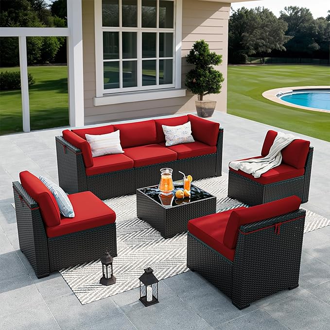 Patio Furniture Set, 7 Pieces Outdoor Sectional Sofa Set with Waterproof Cover, Black PE Wicker Rattan Slanted Back Outdoor Conversation Set with Cushions and Glass Coffee Table, Wine red