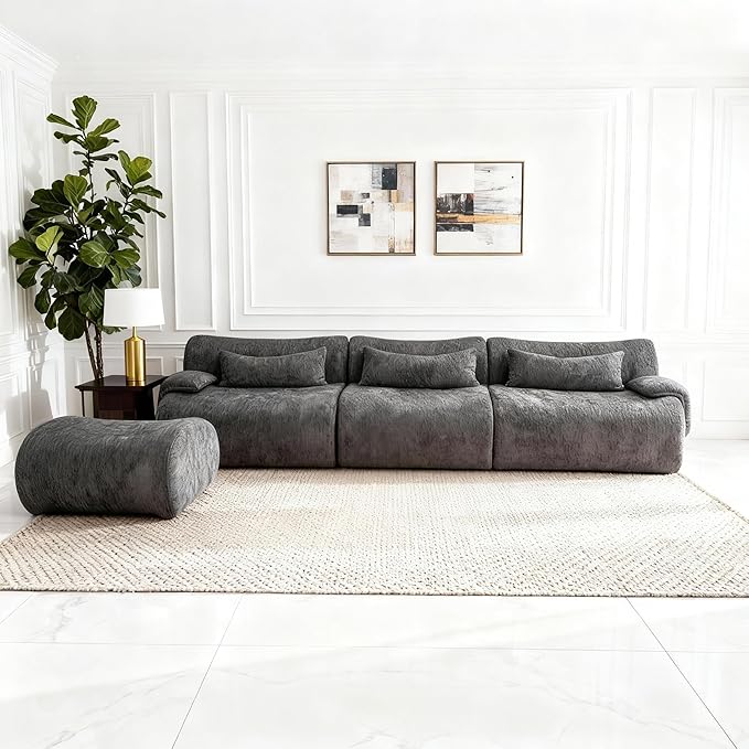 117" L-Shaped Compressed Sectional Cloud Sofa, Chenille Upholstered Modular Tufted Sofa with 4 Pieces, Modern Floor Boneless Foam Modular Cloud Couches for Living Room