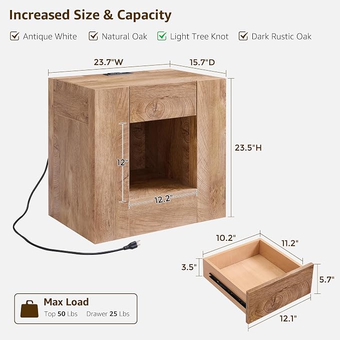 OKD 24" Modern Nightstands Set of 2, Large Wooden Night Stand with Charging Station & Drawer, Side Table Bedroom with Storage Shelf, Rustic End Table, Wood Thick Design, Light Tree Knot - Image 3