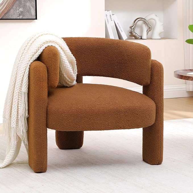 Accent Chairs Set of 2, Modern Sherpa Barrel Chairs, Upholstered Living Room Chairs with 3 Legs, Comfy Armchair Reading Side Chair for Bedroom, Office, Apartment, Brown
