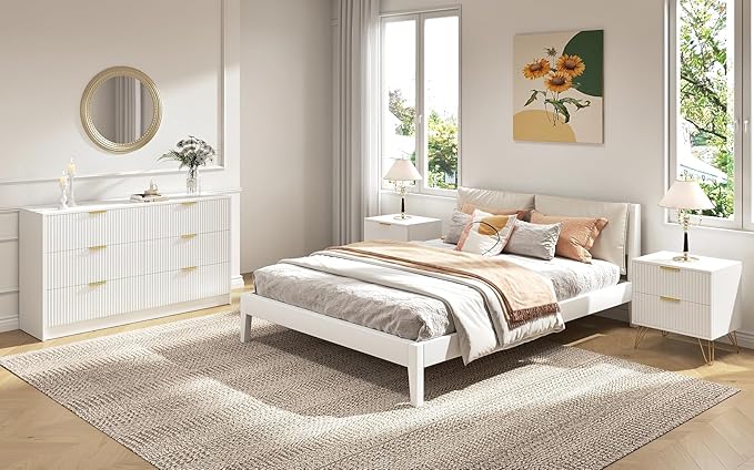Dresser and Nightstand Sets, 6 Drawer Dresser Set for Bedroom 3 Piece, 55” Wide Wooden Fluted White Dressers W/Metal Handle & Night Stand Set of 2, Modern Bedroom Furniture Sets, White