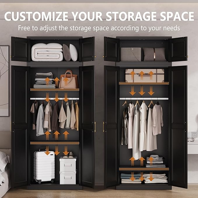 Polup Metal Armoire Closet, 86 Inch Tall Wardrobe Armoire with Hanging Rod, Wardrobe Closet for Clothes with Doors, 18" D x 32" W x 86" H,Black, Assemble Required, Shipped in Two Packages