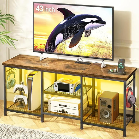 YGEOMER TV Stand for Up to 55 Inch Tvs, Entertainment Center with Outlet Led Lights Open Storage Shelves, TV Consoles for Living Room Bedroom, Rustic Brown by YGEOMER