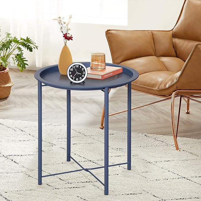 VECELO Side/End Table, Folding Round Metal Anti-Rust and Waterproof Outdoor or Indoor Tray for Living Room Bedroom Balcony and Office, 1 PCS, Blue - Image 4