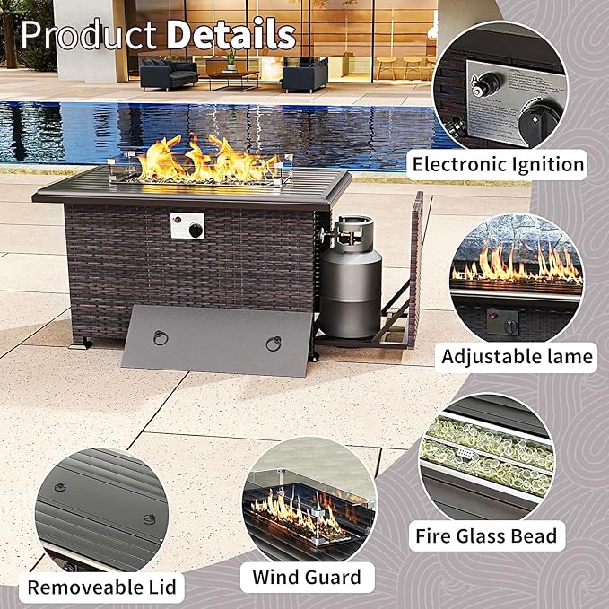 Gotland 15 Pieces Patio Furniture Set with Fire Pit Table, All Weather Rattan Outdoor Furniture with 29.5'' High Backrest 4’’ Thick Cushions Coffee Table, Patio Set for Porch, Deck, Backyard, Navy