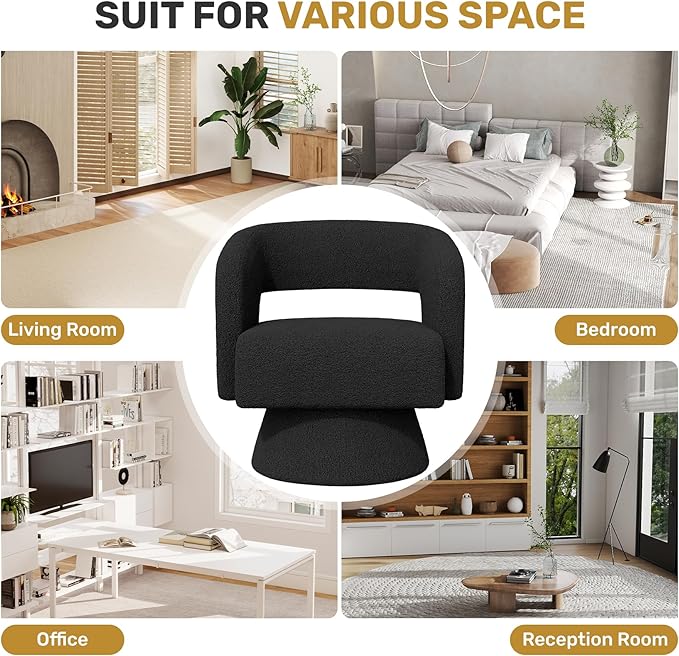 Nebuaegis Swivel Accent Chair Set of 4, Modern Comfy Teddy Barrel Chairs, Oversized Upholstered Round Arm Chair for Living Room, Bedroom, Reading Room, Black