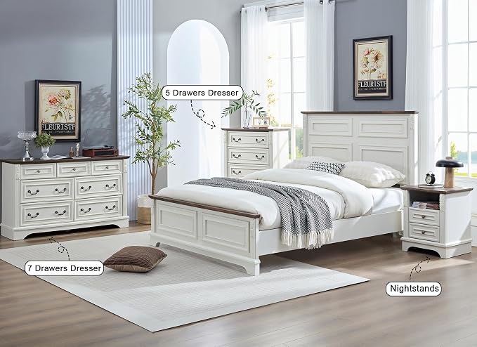 BOSHIRO Farmhouse Nightstand wtih Charging Station, 20" End Table with 2 Drawers, Night Stand Side Table Storage Cabinet with Carved Pilasters for Bedroom, Wood Rustic, Antique White - Image 6