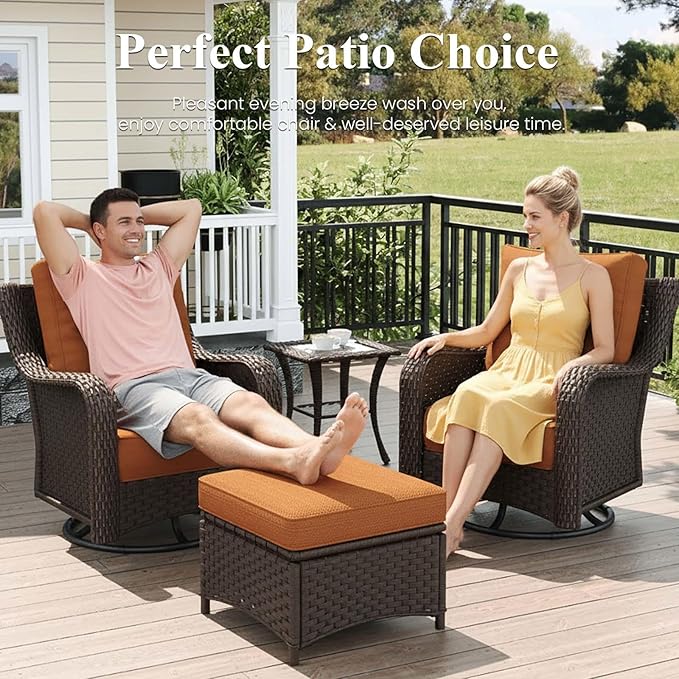 LayinSun 3 Piece Wicker Outdoor Furniture Set with 6-inch Comfy Cushions, High Back Patio Furniture Set with Swivel Rocking Chairs and Side Table
