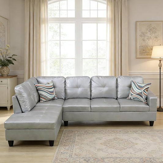 103.5 Inch Modern L-Shaped Couch, PU Leather Sectional Sofa with Chaise Lounge, 4-Seater Couch with Accent Pillows for Living Room, Apartment, Silver