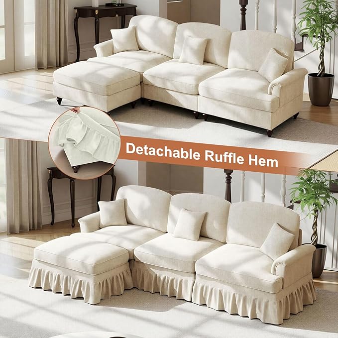 Rovibek 107” L Shaped Couch, Chenille Midcentury Modern Sofa with Detachable Ruffle Hem, Sectional Couches for Living Room with Throw Pillows & Ottoman, White