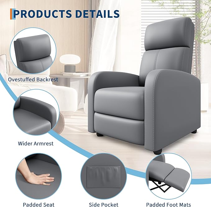 Garvee Recliner Chair for Adults, Leather Lazy Recliner Ergonomic Adjustable Single Sofa Enhanced with Side Pocket, Tall Back, Wide Arms & Padded Seat, Home Theater Seating for Living Room, Grey