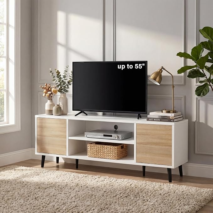 YESHOMY Mid-Century Modern TV Stand for 43-55 Inch TVs, 50 Inch Entertainment Center with Storage, Media Console with Push-to-Open Doors and Cable Management for Living Room, Bedroom (White and Beige) by SearchallYESHOMY