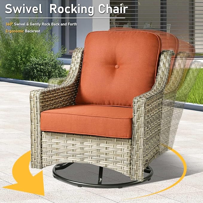 HOOOWOOO 6 Piece Patio Furniture Conversation Sets with Swivel Rocking Chairs,Outdoor Wicker Furniture with Ottoman,All Weather Resistant High Back Rattan Conversational Set(Red)