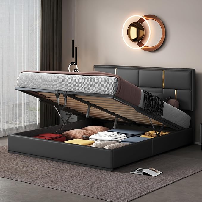 Queen Size Lift Up Storage Bed, PU Leather Upholstered Platform Bed with Hydraulic Storage System and Wooden Slats Support, No Box Spring Needed - Black