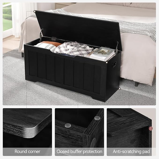 VANKILEY 43.3" Storage Chest Extra Large,Storage Trunk with 2 Safety Hinges,Wooden Storage Bench,Shoe Bench,43.3x15.7x19.1 Inch,Easy Assembly,Storage Bench for Bedroom,Living Room,entryway(Black). - Image 6