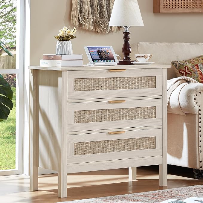 LEYAOYAO 31.5" Wide Rattan Nightstands Set of 2 with Charger Station, Large Boho 3 Drawer Night Stand, Grey White Bedside Table with Storage, Bed Side End Tables for Bedroom, Living Room, Hallway - Image 3