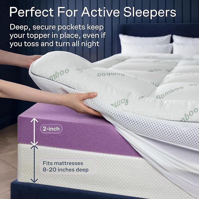 Dual-Layer 3.5 Inch Queen Size Mattress Topper - 2” Memory Foam + 1.5” Viscose Made from Bamboo Mattress Pad - Double the Comfort & Back Support - Removable & Machine-Washable Cover, Green