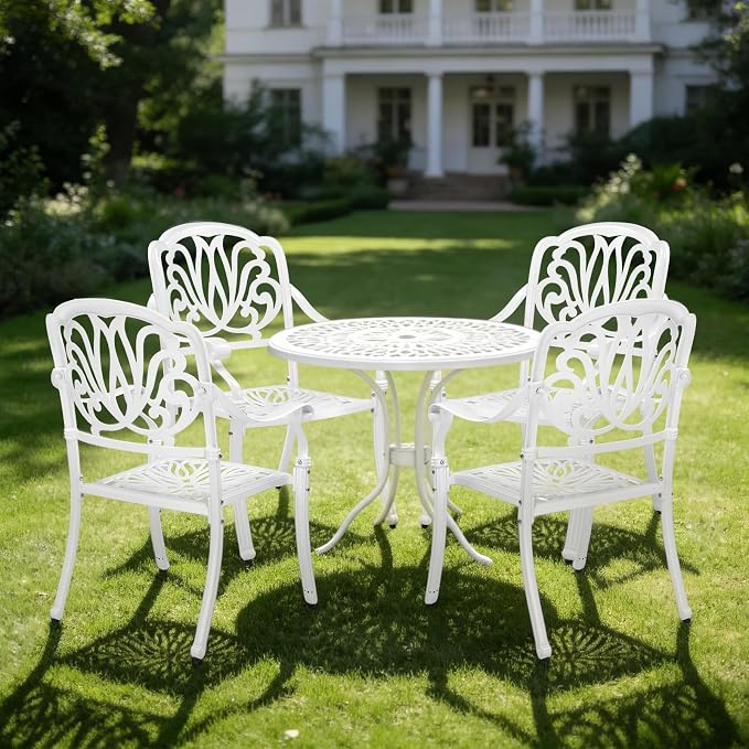 VINGLI Patio Chairs Set of 2 - Stackable Outdoor Cast Aluminum Dining Chairs with Vintage White Finish and Floral Pattern, Metal Armchairs for Poolside, Backyard, Balcony (No Cushion) - Image 8