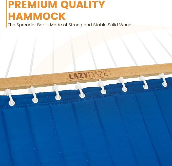 Lazy Daze 12 FT Double Quilted Fabric Hammock with Spreader Bars and Detachable Pillow, 2 Person Hammock for Outdoor Patio Backyard Poolside, 450 LBS Weight Capacity, Dark Blue/Natural - Image 4