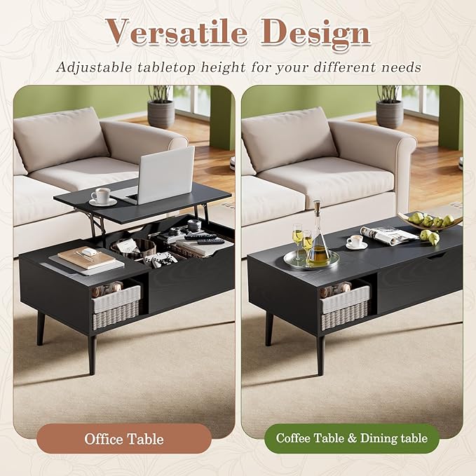 OLIXIS Wood Lift Top Coffee Table with Hidden Compartment and Large Storage Shelf, Lift Tabletop Dining Center Table for Home Living Room Office, Black