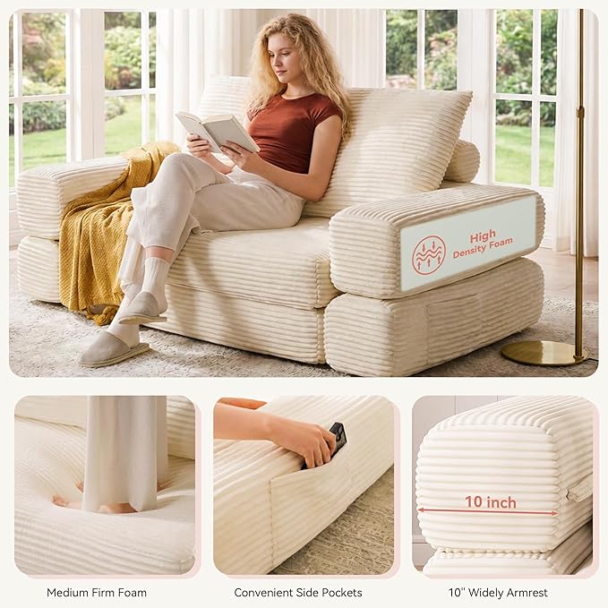 4-in-1 Convertible Folding Sofa Bed, 76 Inch Queen Size Foldable Sleeper Sofa Bed, Wide Corduroy Upholstery, Boneless Mattress Couch with Armrests & Neck Pillow for Living/Bedroom - Beige