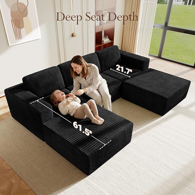 Vesgantti 119" Oversized U-Shaped Modular Sectional Sofa, Corduroy Cloud Couch with Deep Seating & Spring Support, Convertible Sofa with 2 Ottomans, Boneless Couch, No Assembly Required, Black