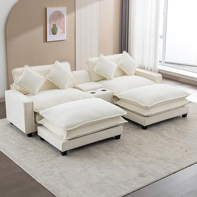 Sectional Sofa Chenille Upholstered with 2 Removable Ottoman, 2 USB Ports, 2 Cup Holders Large Storage Box for Living Room