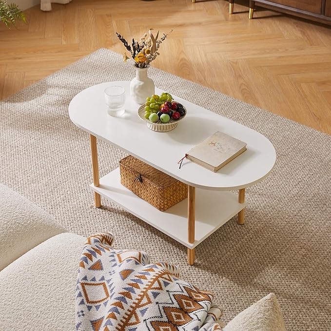 Oval Coffee Table White, Small Wooden Coffee Table for Small Space, Tea Table Stand 35 * 16 * 17 inches, 2 Tier Center Table for Living Room White YD-012W