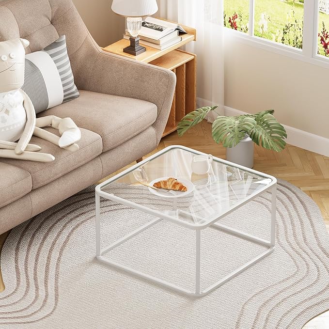 Coffee Table Glass, Minimalist Square Tables for Living Room, Modern Center Table for Office or Small Space, Sturdy Metal Frame, Easy Assembly, 26.4 x 26.4 x 15.7 Inches, White