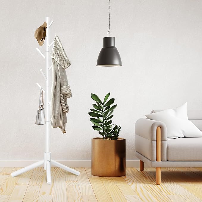 Unisakey Durable Wooden Coat Rack, Freestanding Coat Rack with Stable Triangular Base, 8 Hooks & 3 Adjustable Heights, Simple Assembly for Bedroom, Hallway, Office(New White) - Image 2