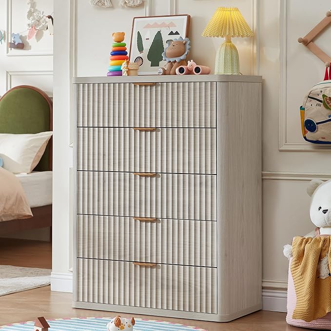 LEYAOYAO Fluted 5 Drawers Dresser Set of 2, 41" Tall Modern Chest of Drawers with Metal Handle, Curved Profile Dresser TV Stand, Wooden Drawer Organizer for Bedroom, Living Room, Hallway, Lightgrey - Image 3